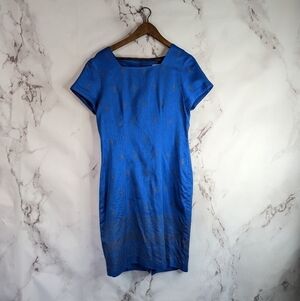 Vintage Square Neck Dress Blue Print Pencil Casual Corner Annex Shoulder Pads